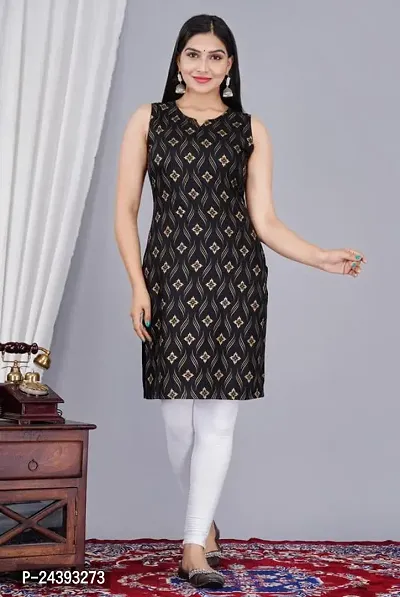 SAYANG Gold Flower Printed Rayon Straight Sleeveless Kurti for Women and Girls Perfect for a Fashionable Summer Wardrobe-thumb4