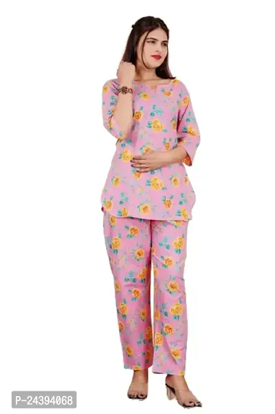 SAYANG 100% Cotton Night Suit for Women's And Girls | Printed Night Suit Set of Shirt  Pyjama | Nighty For Women's And Girls (Pink ,Small )-thumb0