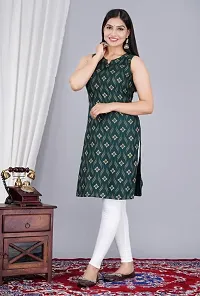 SAYANG Gold Flower Printed Rayon Straight Sleeveless Kurti for Women and Girls Perfect for a Fashionable Summer Wardrobe (Green,X-Large)-thumb4