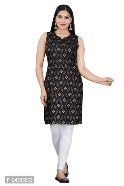 SAYANG Gold Flower Printed Rayon Straight Sleeveless Kurti for Women and Girls Perfect for a Fashionable Summer Wardrobe-thumb0