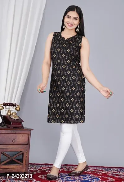 SAYANG Gold Flower Printed Rayon Straight Sleeveless Kurti for Women and Girls Perfect for a Fashionable Summer Wardrobe-thumb5