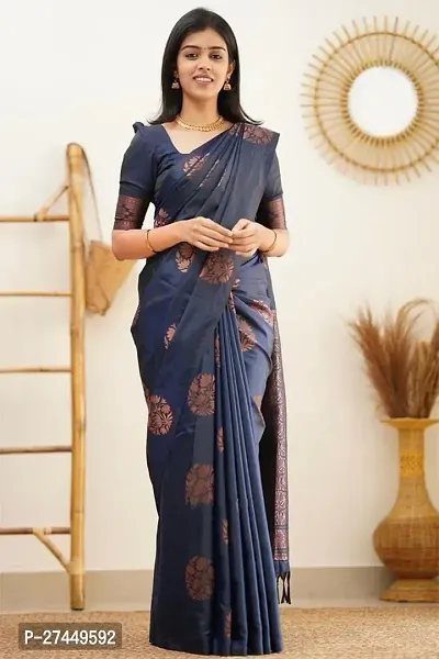 Designer Navy Blue Art Silk Saree With Blouse Piece For Women