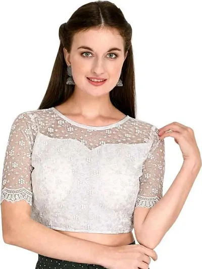 Fab Viva Women's Embroidered & Sequences Work Beige Net Blouse with Boat Neck Readymade Stylish Design