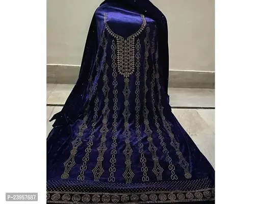 Elegant Blue Velvet Printed Dress Material with Dupatta For Women