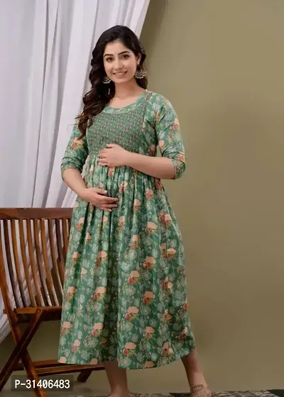 Anarkali Green Printed Cotton Maternity Feeding Dress Kurti-thumb0