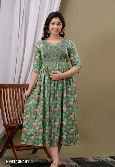 Anarkali Green Printed Cotton Maternity Feeding Dress Kurti-thumb0