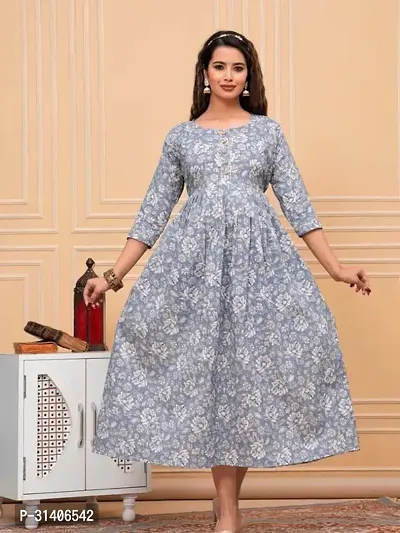 Anarkali Grey Printed Cotton Maternity Feeding Dress Kurti-thumb0