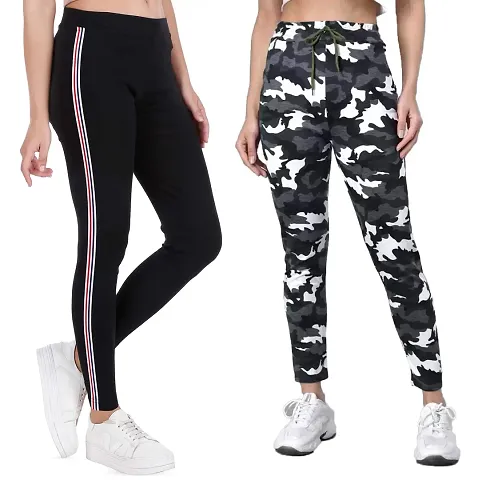 V2 FASHION Women's Skinny Fit Track Pants (Pack of 2) Size 26 to 30 (Side Strap-Black Army)