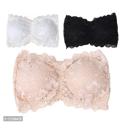 V2 FASHION Women's Cotton Lightly Padded Wire Free Bandeau Bra (lace tube_White, Skin, Black_XL)