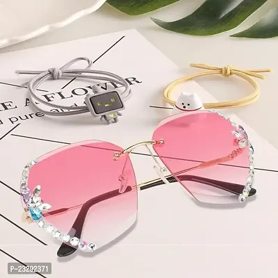 UV400 Protective Sunglasses for Women Stylish with Storage Box Glasses Cloth, Rimless Diamond (PINK)-thumb0