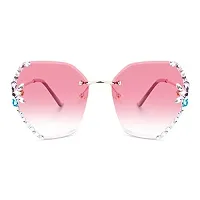 UV400 Protective Sunglasses for Women Stylish with Storage Box Glasses Cloth, Rimless Diamond (PINK)-thumb2