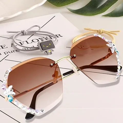 UV400 Protective Sunglasses for Women Stylish with Storage Box Glasses Cloth, Rimless Diamond Cutting Lens with Stone
