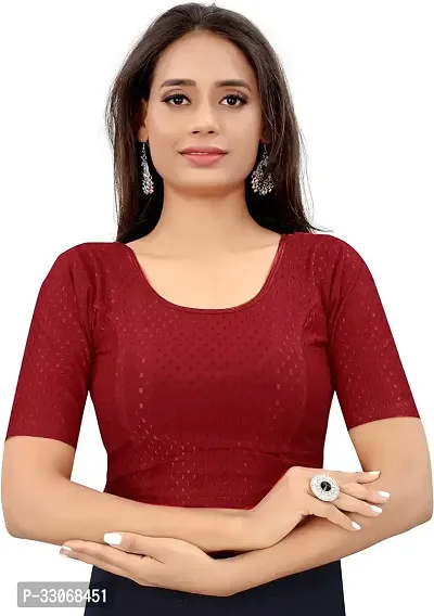 Round Neck Dobby Cotton Lycra Stretchable Elbow Sleeve Readymade Saree Blouse for Women-thumb0