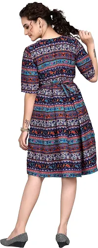 IVAAN ENTERPRISE GSM Fashion Women's Crepe Minimalistic Style Printed Knee Length Round Neck Bell 3/4 Sleeve Ruffles Tunic Western Dress (Multicolor) Size:-Small-thumb2