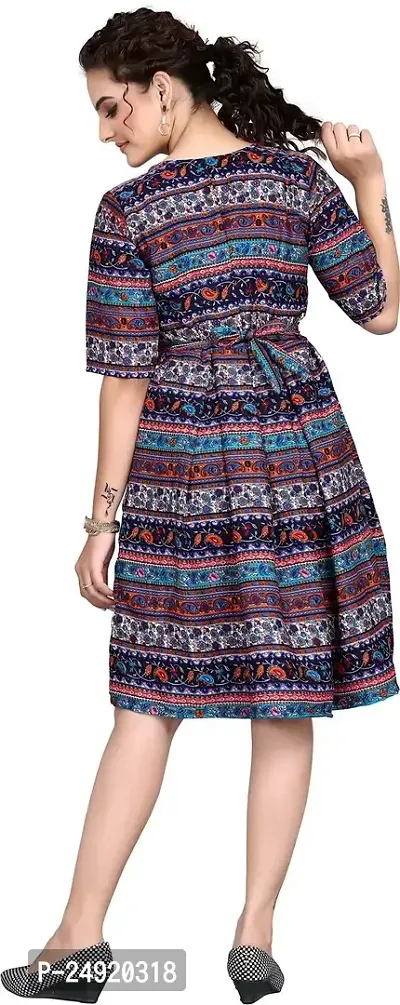 IVAAN ENTERPRISE GSM Fashion Women's Crepe Minimalistic Style Printed Knee Length Round Neck Bell 3/4 Sleeve Ruffles Tunic Western Dress (Multicolor) Size:-Small-thumb3