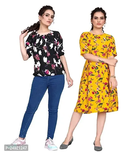 IVAAN ENTERPRISE GSM Fashion Women's Crepe Minimalistic Style Printed Knee Length Round Neck Bell 3/4 Sleeve Ruffles Tunic Western Dress-thumb0