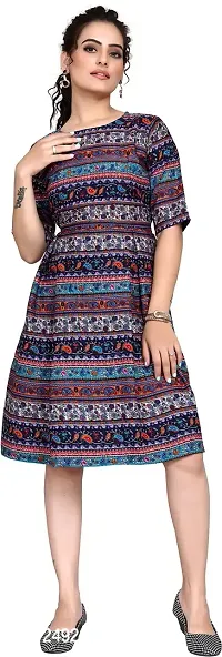 IVAAN ENTERPRISE GSM Fashion Women's Crepe Minimalistic Style Printed Knee Length Round Neck Bell 3/4 Sleeve Ruffles Tunic Western Dress (Multicolor) Size:-Small