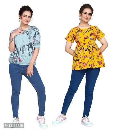 Elegant Blue Crepe Printed Top For Women Pack Of 2-thumb0