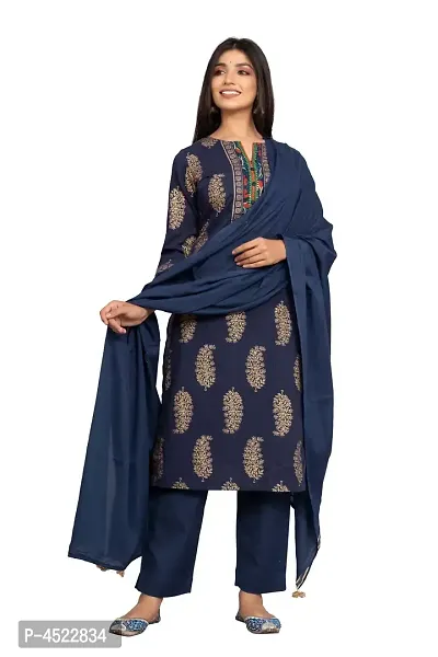 Stylish Navy Blue Cotton Printed Kurta And Pant With Dupatta Set For Women