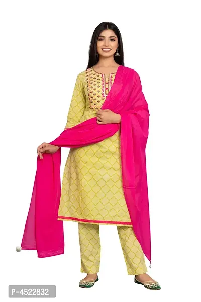 Stylish Yellow Cotton Checked Kurta And Pant With Dupatta Set For Women