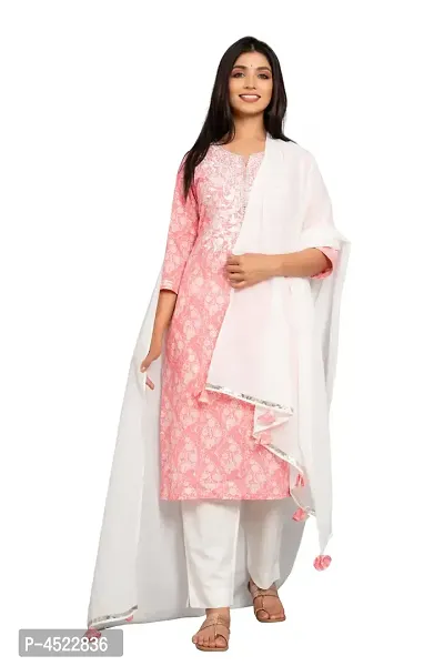 Stylish Pink Cotton Printed Kurta And Pant With Dupatta Set For Women