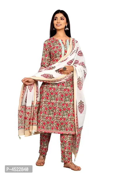 Stylish Multicoloured Cotton Printed Kurta And Pant With Dupatta Set For Women