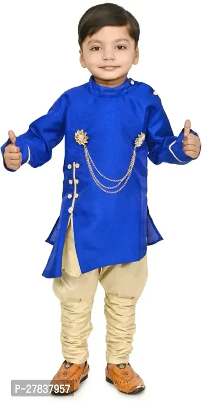 Stylish Blue Art Silk Self Pattern Kurta and Pyjama Set For Boys-thumb0