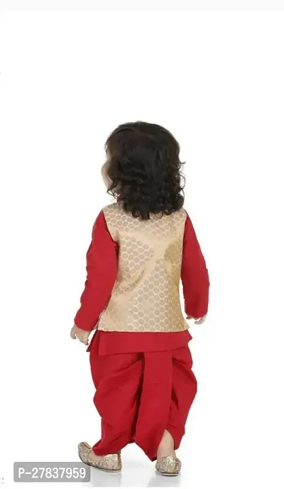 Stylish Red Cotton Blend Self Pattern Ethnic Jacket, Kurta and Dhoti Pant Set For Boys-thumb2