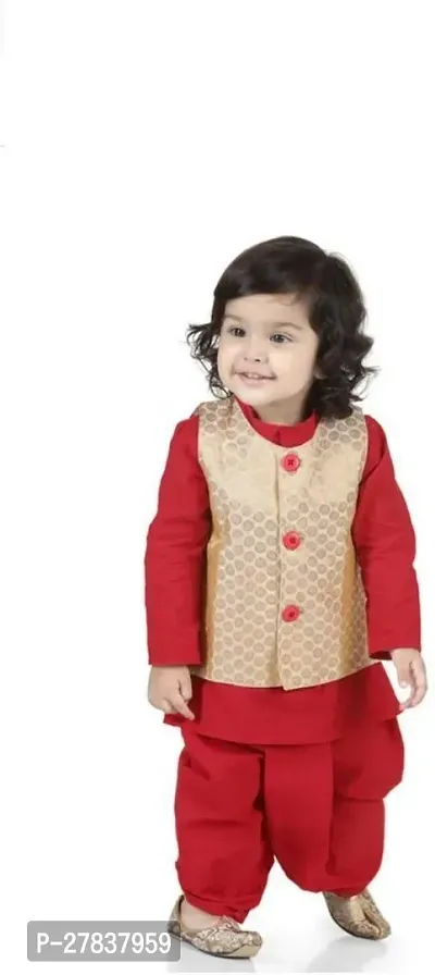 Stylish Red Cotton Blend Self Pattern Ethnic Jacket, Kurta and Dhoti Pant Set For Boys-thumb0