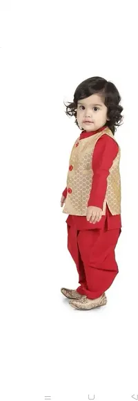 Stylish Red Cotton Blend Self Pattern Ethnic Jacket, Kurta and Dhoti Pant Set For Boys-thumb3