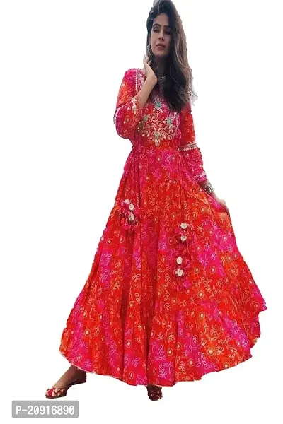Khushank Woman's  Girl's Rayon Fabric Long Anarkali Kurti Pink Size-L-thumb0