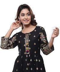 Khushank Women and Girls Rayon Fabric Printed Kurti Gown Anarkali with Handwork Kurti for Women Black Gold-thumb1