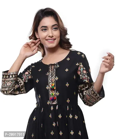 Khushank Women and Girls Rayon Fabric Printed Kurti Gown Anarkali with Handwork Kurti for Women Black Gold-thumb2