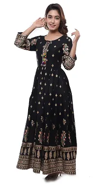 Khushank Women and Girls Rayon Fabric Printed Kurti Gown Anarkali with Handwork Kurti for Women Black Gold-thumb3