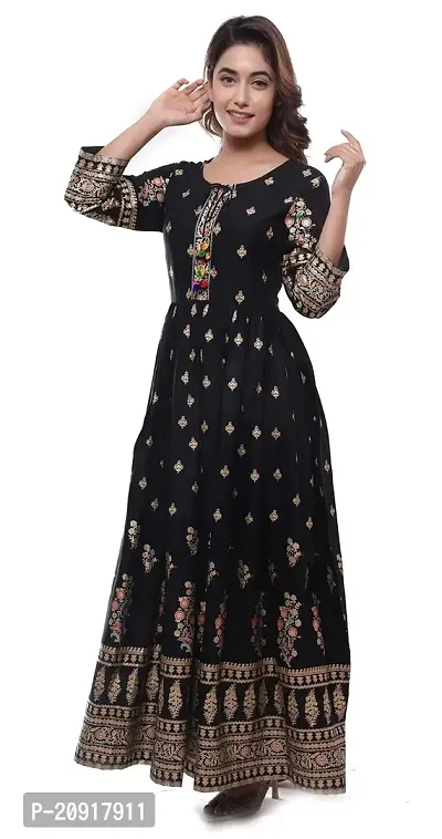 Khushank Women and Girls Rayon Fabric Printed Kurti Gown Anarkali with Handwork Kurti for Women Black Gold-thumb4