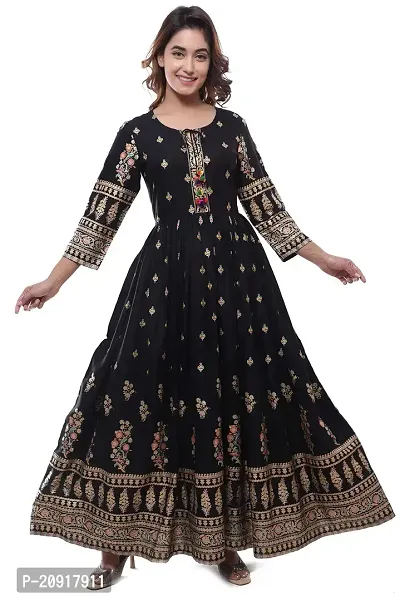 Khushank Women and Girls Rayon Fabric Printed Kurti Gown Anarkali with Handwork Kurti for Women Black Gold-thumb0