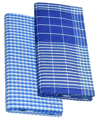 TUNI MANI Men's Mini Checked Cotton Lungi Blue Combo/Length- 2.25m (Pack of 2)