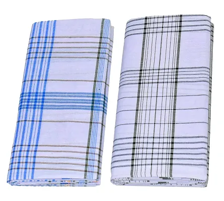 TUNI MANI Fancy Checked Men's Stitched Polycotton Lungi, 2.10mtr, Free Size (Pack of 2) | White