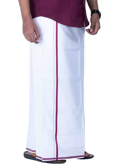 TUNI MANI Men's Cotton Dhoti Single/Length- 2.0mtr (White Pink Border)