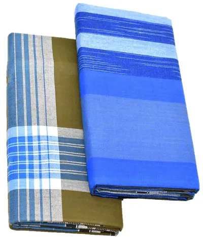 TUNI MANI Men's Checked Stitched Cotton Lungi Brown Combo/Length- 2.10m (Pack of 2)