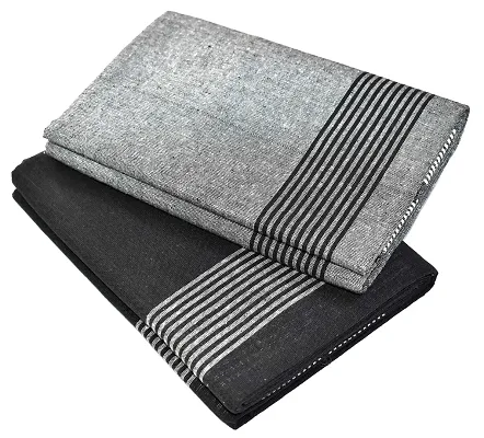TUNI MANI Men's Cool Cotton Dhoti Plain Solid/Length: 2.0m (Pack of 2) (#23 Black & Grey)