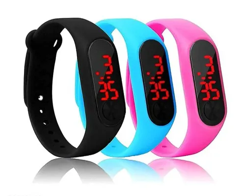 Trendy Attractive Black + Sky-Blue + Pink Digital Band Watch For Boys  Girls Pack of 3