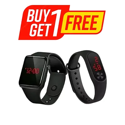 Kids Attractive Black LED + Black Band Digital Watch For Men  Women Pack of 2 (Buy 1 Get 1 Free)