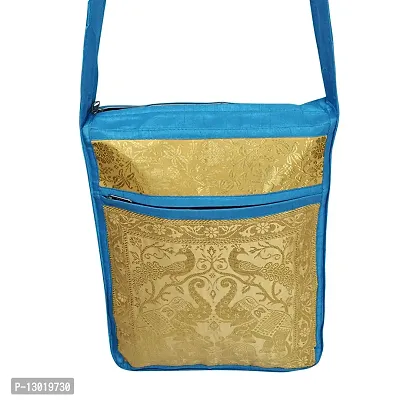 Lalhaveli Shoulder Handbag Women Cross body Bag Elephant & Peacock Design Brocade Silk Purse Pouch (Turquoise)-thumb3
