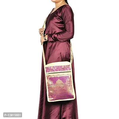 Lalhaveli Beige Handmade Tajmahal Brocade Silk Traditional Style Handbag Shoulder Bag (10X15 Inch)-thumb3