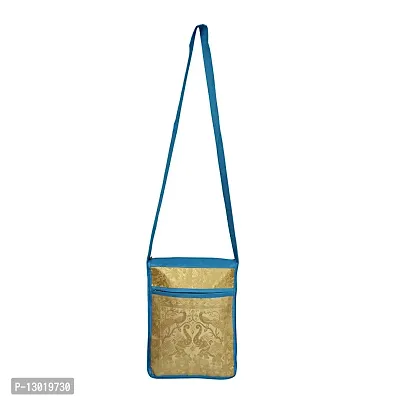 Lalhaveli Shoulder Handbag Women Cross body Bag Elephant & Peacock Design Brocade Silk Purse Pouch (Turquoise)-thumb0