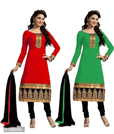 Red Green Cotton Embroidered Unstitched Dress Materials Pack Of 2