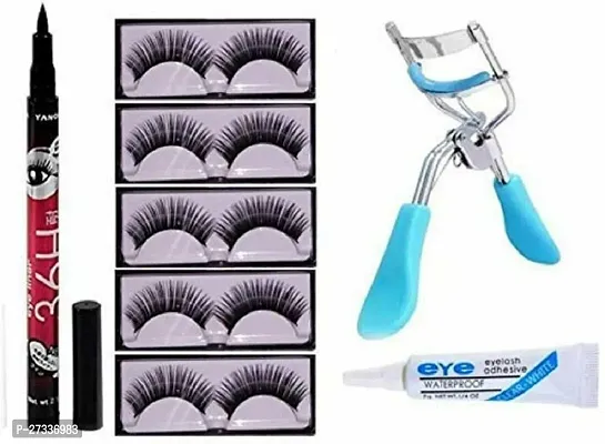 Classic 5Pcs Eyelashes, Eyelash Glue And Eyelash Curler With 36Hrs Waterproof Eyeliner