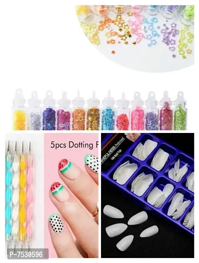 Transparent Artificial Nail 100 Pcs WITH5  NAIL ART  6 NAIL GLITTER COMBO PACK