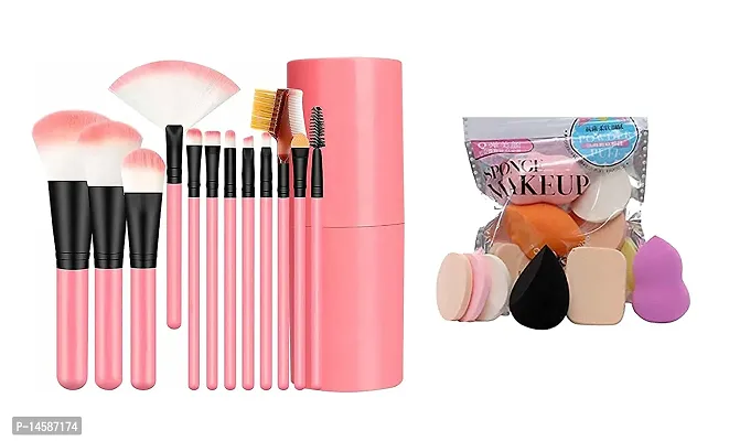 Professional 12 Piece Face and Eye Makeup Brush Set With Storage Barrel - Pink 12 Brushes With 6 in 1 Makeup Sponge Puff Pack - Soft (Pack of 18)-thumb0